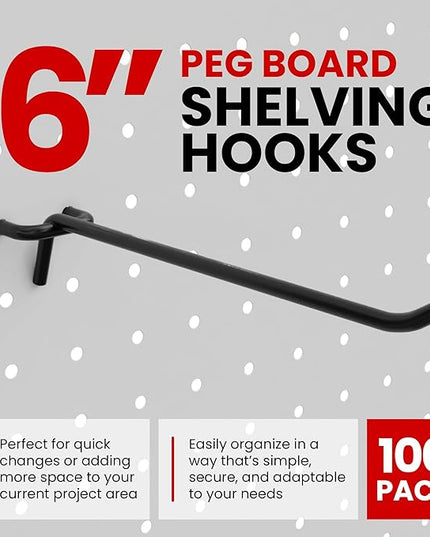 FactorDuty 6" Length Steel Black PEG Board Pegboard Shelving Hooks Wholesale Lot 20 lbs PEG Hooks Organizer Tools for Craft Storage, Garage, Kitchen, Tools and More