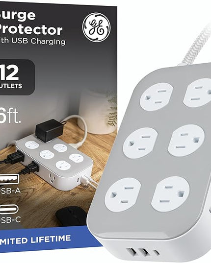GE 12-Outlet Surge Protector with 6ft Braided Cord, Power Strip, Extension Cord, Flat Plug, 2 USB-A & 1 USB-C Port, 2100 Joules, for Home School & Office, Charging Station, White, 84214