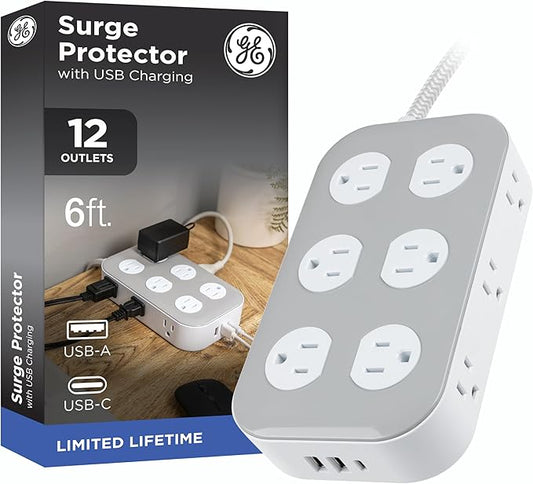 GE 12-Outlet Surge Protector with 6ft Braided Cord, Power Strip, Extension Cord, Flat Plug, 2 USB-A & 1 USB-C Port, 2100 Joules, for Home School & Office, Charging Station, White, 84214