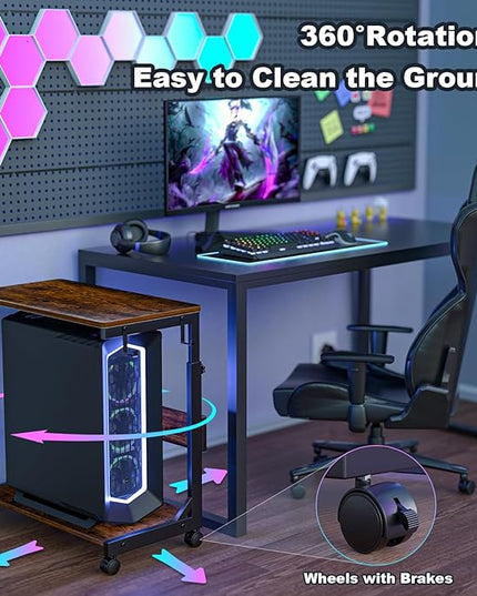 Height Adjustable Computer Tower Stand with Charge Station and USB Charging Port, 2-Tier ATX-Case Cart, Under Desk Mobile PC Stand, CPU Holder Cart with Locking Caster Wheels for Fits Most PC