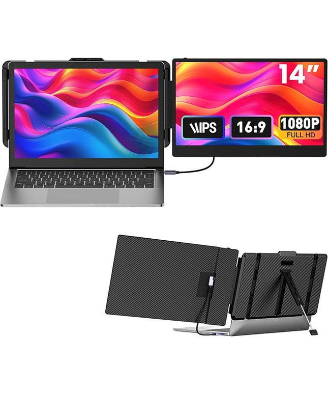 Laptop Screen Extender 14-inch, 1080P FHD Portable Monitor, Type-C/HDMI/USB-A Plug & Play, Laptop Monitor Extender fits Laptops with Screen up to 15.35" Wide, Compatible with Windows, Mac, Chrome