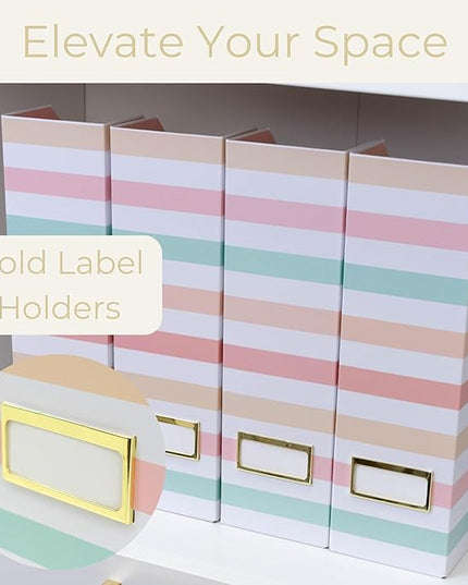 BLU MONACO Set of 4 Foldable Magazine Holders in Pastel Stripes | Cardboard Vertical File Organizer Boxes with Gold Label Holders | Stylish Paper Organizer for Desk, Office & Classroom