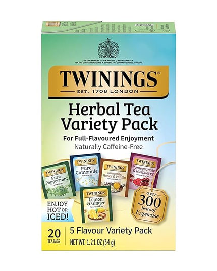 Twinings Herbal Tea Variety Pack, 20 Count (Pack of 1), Formerly Assorted Herbal, Includes 5 Flavours, Naturally Caffeine-Free, Enjoy Hot or Iced, 20 Teabags