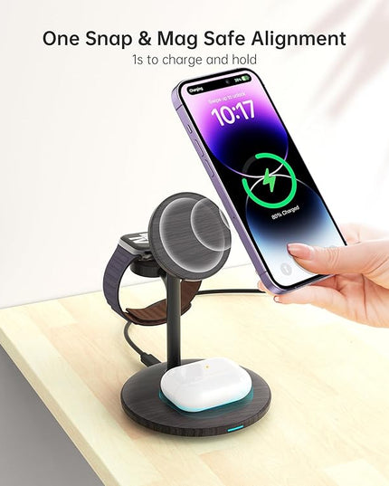 XooFly 3 in 1 Wireless Charging Station for Apple Devices, Fast Wireless Mag-Safe Charger Stand with 20W Adapter for iPhone 17/16 15 14 13 12 Pro Max/Pro/Plus/Air/Mini,iWatch,AirPods(Black Wood Grain)