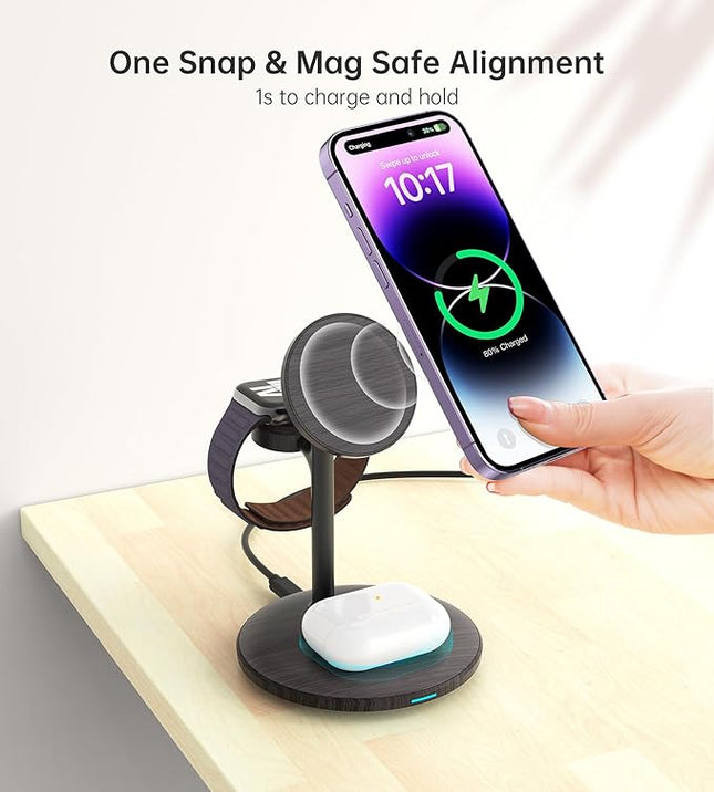 XooFly 3 in 1 Wireless Charging Station for Apple Devices, Fast Wireless Mag-Safe Charger Stand with 20W Adapter for iPhone 17/16 15 14 13 12 Pro Max/Pro/Plus/Air/Mini,iWatch,AirPods(Black Wood Grain)