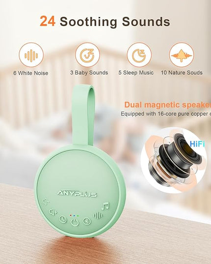 White Noise Sound Machine for Sleeping Adults & Baby, Portable Noise Machine with 24 Soothing Sounds, Bluetooth 5.1, Battery Powered, 3 Timer Settings, Memory Function for Home, Office, Travel (Green)