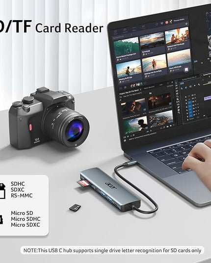 Acer USB C Hub, 7 in 1 Multi-Port Adapter for Laptop, 4K, HDMI Splitter with 2 USB A 3.1 & Type-C to HDMI Data Port, PD 100W Charging, SD Card Reader for Computer, Desktop, Space Grey