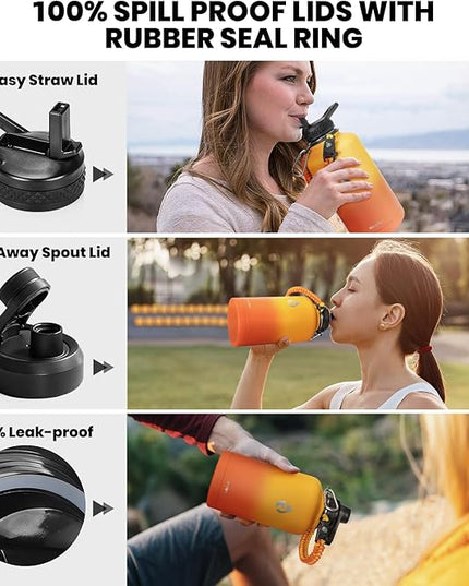 Insulated Water Bottle 64 oz, Triple Wall Vacuum Stainless Steel (Cold for 48 Hrs), Leak Proof & Non-BPA, Half Gallon Water Flask Jug with Paracord Handle & Straw Spout Lids, Ombre Orange
