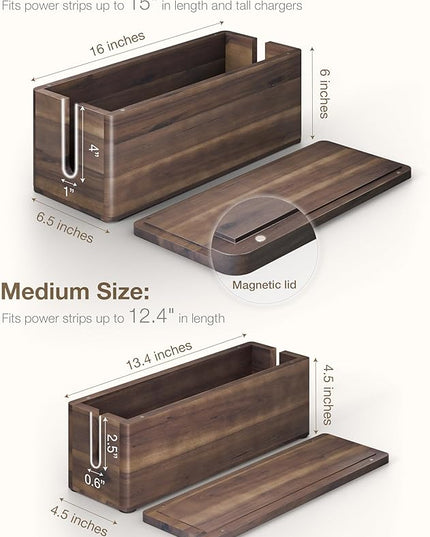 Acacia Large Cable Management Box - Set of 2 Cord Box Hider for Office - Cable Hider Box, Surge Protector Box for TV Wires, Desk - Power Strip Box with 2 Open Slots, Magnetic Lid (Walnut color)