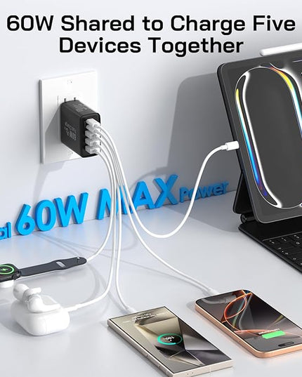 2Pack USB C Fast Charger Block, 60W 5-Port USB C Wall Charger 30W Type C Charging Block, 2USB C+3USB A PPS/PD 3.0 Multiport Charging Cube for iPhone 17 16 15 14 Pro Max,for Galaxy S25 S24 Ultra, i Pad