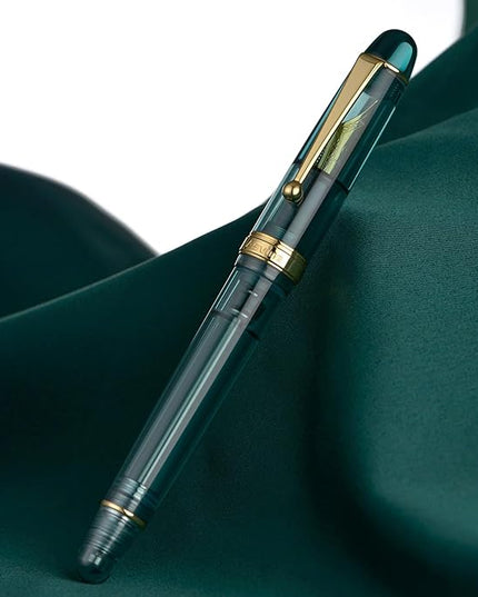 Asvine V126 Vacuum Filling Fountain Pen Transparent Teal Acrylic, Medium Nib Large-Capacity with Gift Case