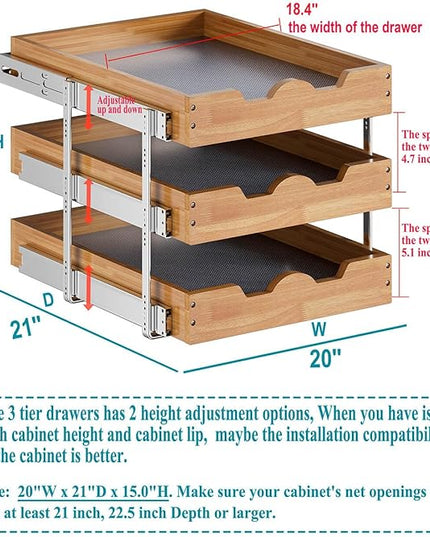 OCG Pull Out Cabinet Drawer 20" W x 21" D, 3 Tier Pull Out Cabinet Organizer, Heavy-Duty Slide Out Drawer for Cabinets, Organization for Kitchen, Pantry, Bathroom