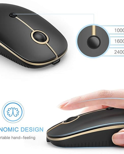 VssoPlor Type C Wireless Mouse USB C Rechargeable Portable Quiet Laptop Mouse USB and Type C Receiver Dual Mode Mice for PC, Laptop, MacBook, Tablet-Black Gold