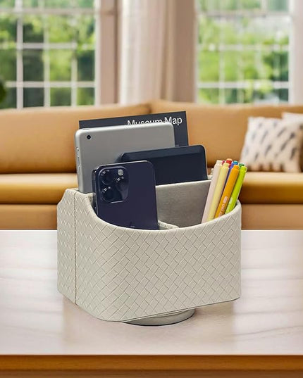 UnionBasic Rotating Desk Organizer, 360 Degree Desk Spinning Caddy, Desktop TV Guide/Mail/Media/Remote Controller Holder Organizer, Woven Beige