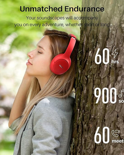 TOZO HT2 Hybrid Active Noise Cancelling Headphones, Wireless Over Ear Bluetooth Headset, 60H Playtime, Hi-Res Audio Custom EQ via App Deep Bass Comfort Fit Ear Cups, for Home Office Travel Red