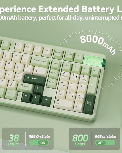 LEOBOG A98 - 96% Mechanical Keyboard Wireless Tri-Mode BT5.0/2.4GHz/USB-C, Creamy Keyboard with Number Pad, Gasket Structure Hot Swappable, RGB Backlit Green Gaming Keyboard with Knob for PC/Mac/Win