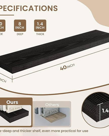Dreamland Deep Floating Shelves, 8" Deep Long Shelves Set of 2, 40 Inches Floating Shelf for Wall,Large Display & Storage Shelf for Bathroom Bedroom Living Room Kitchen Office, Black