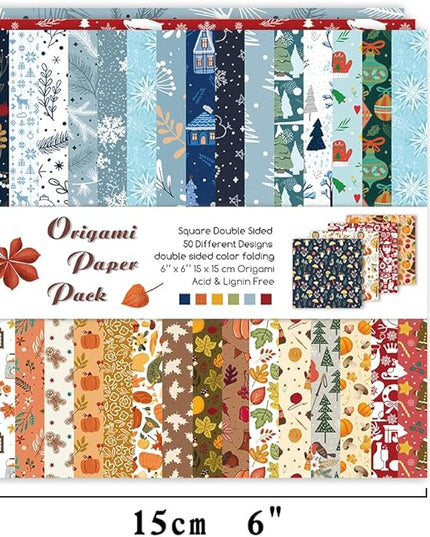 Origami Paper Kit 50 Sheets 70GSM 6 Inch Square Double Sided Color 50 Vivid Japanese Washi Chiyo Colors for Hand Crafts Origami Paper Arts Creativity.Winter