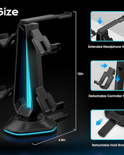 Saitake RGB Controller Holder with 9 Light Modes,Controller Stand with 2 USB Ports,Headset Stand for Desk-Headphone Holder Suitable for All Headphones and Controllers