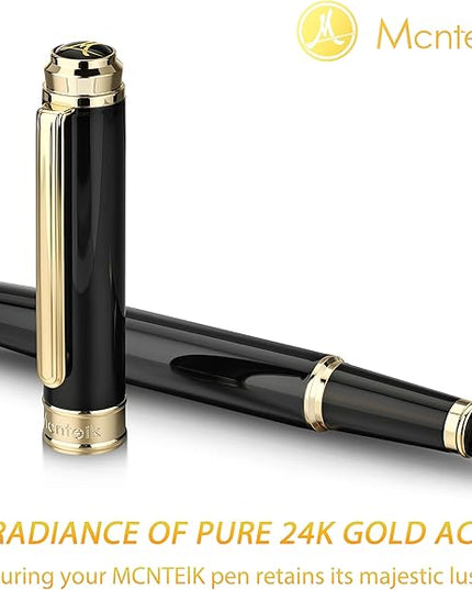 MCNTEIK 317 Fountain Pen,Stunning Luxury Piano Lacquer,18K Gilded Nib(Medium),Gorgeous 24K Gold Finish, Ink Converter,Trustworthy Gift for Men&Women-Elegant,Executive,Nice Pens for Writing, BK-M