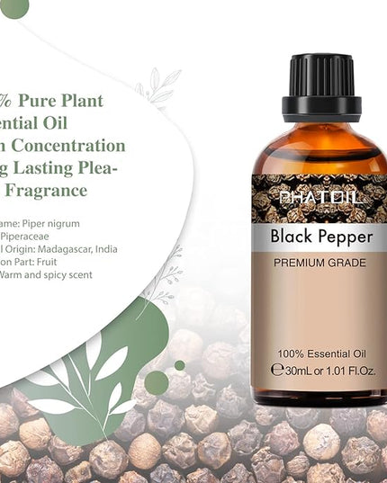 Black Pepper Essential Oil, 1.01Fl.Oz (30ML) PHATOIL Pure Essential Oil Singles for Aromatherapy Diffusers, Humidifiers, Great for DIY Candle and Soap Making, Gift for Friend