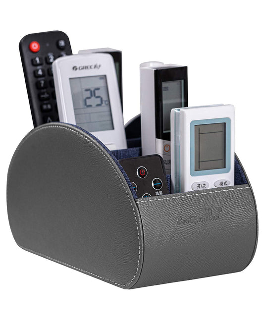 BONNY DODO Remote Control Holders Organizer Box with 5 Compartment PU Leather Multi-functional Office Desk Storage Caddy Store Tv Remote for Media Player,Brush,Pencil,Glassees&Office Supplies (Gray)