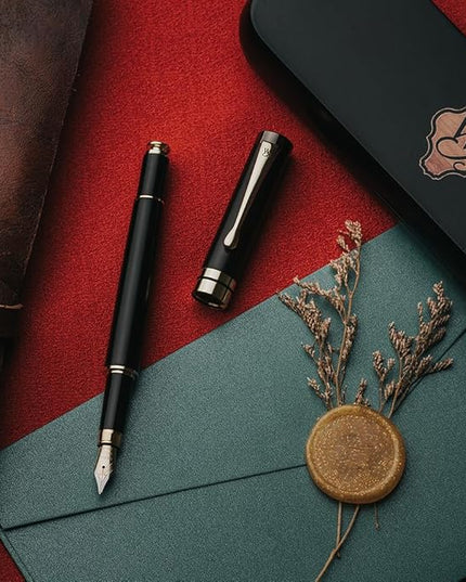 Wordsworth & Black Fountain Pen Set, Luxury Bamboo Wood - Medium Nib, Gift Case; Includes 6 Ink Cartridges, Ink Refill Converter -Journaling, Calligraphy, Drawing, Smooth Writing [Black Wood]