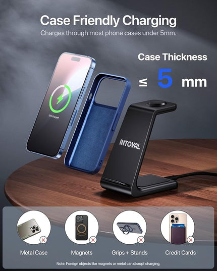 Intoval 3 in 1 Wireless Charging Station for iPhone and Apple Watch,Fast Wireless Charger Stand,Compact Desk Charging Dock for iPhone17 16 15 14 13/Pro/Max, iWatch11 10 9 Ultra/SE 3/4,AirPods