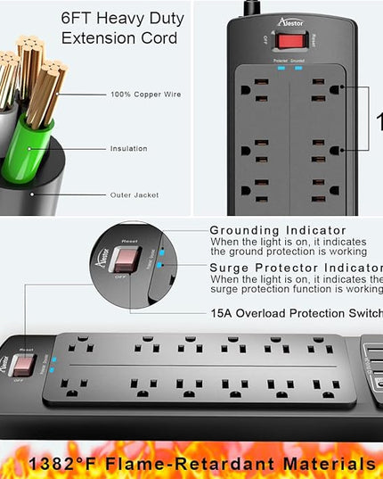 Power Strip, ALESTOR Surge Protector with 12 Outlets and 4 USB Ports, 6 Feet Extension Cord (1875W/15A), 2700 Joules, ETL Listed, Black