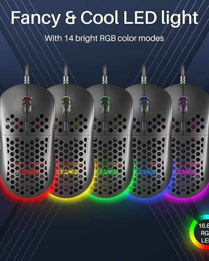 DIERYA M1SE Wired Gaming Mouse with Honeycomb Shell, 12800DPI Optical Sensor, 6 Programmable Macros, Software Support for Custom Key Config, and RGB Settings for Windows 7/8/10/XP, Vista, Linux-Black