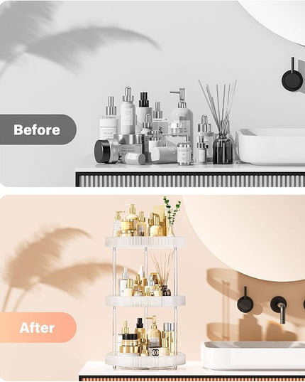 3 Tier Lazy Susan Bathroom Countertop Organizer, 360° Clear Rotating Makeup Cosmetic Perfume Storage Tray, Spinning Vanity Organizer Shelf for Bathroom Cabinet, Dresser, Kitchen(Large)