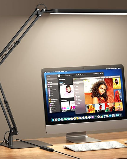 SKYLEO LED Desk Lamp with Slim Base - Adjustable Swing Arm Desk Light, Dimmable, Timer, Eye Protection, Memory Function, 1300LM, 12W, Black