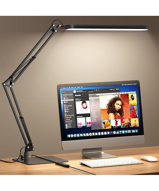 SKYLEO LED Desk Lamp with Slim Base - Adjustable Swing Arm Desk Light, Dimmable, Timer, Eye Protection, Memory Function, 1300LM, 12W, Black