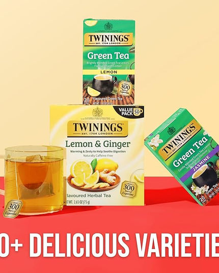 Twinings Green Tea with Lemon Individually Wrapped Bags, 20 Count (Pack of 6), Zesty Citrus Aroma & Flavour, Caffeinated, Enjoy Hot or Iced, 120 Teabags