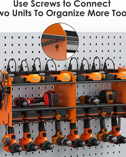 CCCEI Modular Power Tool Organizer Wall Mount with Charging Station. Garage Drill Storage Shelf with Hooks, Heavy Duty Rack, Tool Battery Holder Built in 8 Outlet. Gift for Men. Orange, 1 Pack.