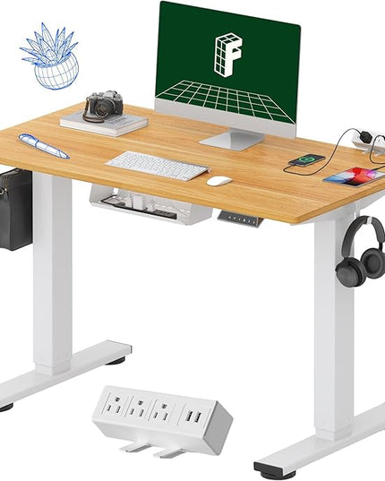 FLEXISPOT EN2 Whole-Piece Standing Desk with Clamp Power Strip, 40 x 24 Electric Stand Up Height Adjustable Desk with Cable Management (White Frame + 40" Maple Top)