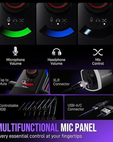FIFINE Gaming Microphone Kit, XLR/USB Dynamic PC Microphone with Boom Arm for Podcast Recording, RGB Streaming Mic Set, Tap-to-Mute, Mix Control, Headphone Jack-AmpliGame AM8PROT