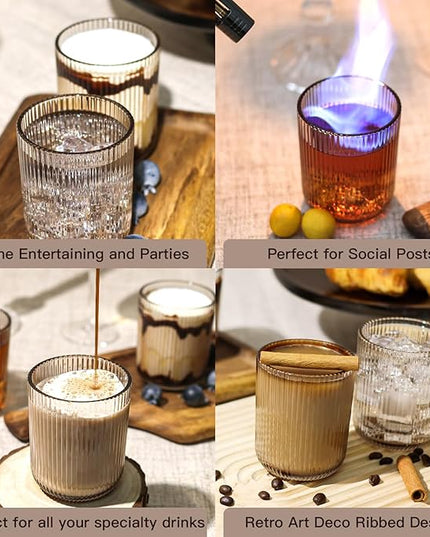 Drinking Glasses, Smoky Gray Highball Glasses Set of 6, Ribbed Glassware Glass Cups, Water Glasses for Juice, Iced Coffee Cups, Cocktail Glasses - Christmas Gifts - 8.5 oz