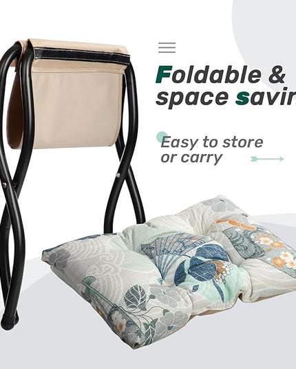 HollyHOME 15"(H) Folding Footrest Stool, Upholstered Small Foldable Ottoman, Accent Padded Sofa Foot Stool for Lazy Chair, Metal Frame Portable Foot Rest Ottoman for Living Room, Bedroom, Fan Print