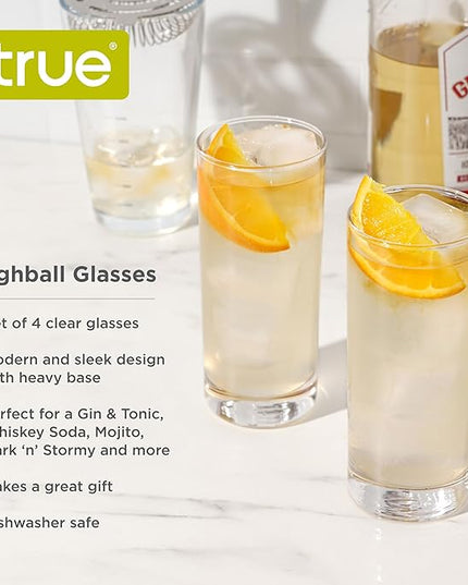 True Highball Glasses, Tall Glass Tumbler for Cocktails, Mojito Iced Tea Juices, Soda Water Drinking Cups, Kitchen Glassware, Home Bar, 11 oz Set of 4