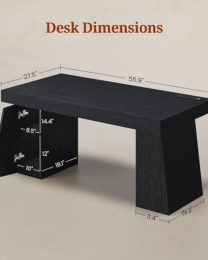 55.9 in Executive Desk with Power Outlets, Modern Home Office Desk with Storage Cabinet, Wood Computer Desk Business Workstation Desk Conference Table, Black (Storage Cabinet)