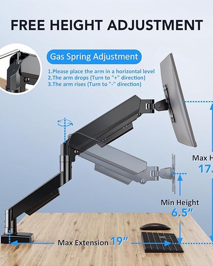 Single Monitor Arm, Monitor Mount for 17-32 inch Screens Gas Spring Adjustable Monitor Stand, Vesa Mount with Clamp and Grommet Aluminum Base - Fits 4.4 to 22lbs LCD Computer Monitors AX09DB01