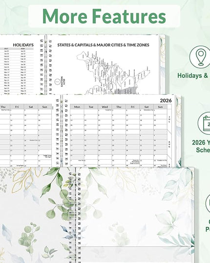 SUNEE 2026 Appointment Book 15-Minute Time Block - Daily, Weekly & Monthly Spiral Planner with Note Section - Thick Paper, Lay-Flat Bound - 8.5 x 11 for Office, School, Men & Women, Greenery