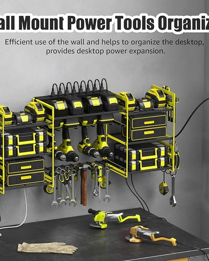 CCCEI Green Power Tool Organizer Wall Mount, Large Tools and Battery Storage Rack Charging Station Individual Switches. Drills Holder, Garage Utility Shelves with 6FT Power Strip. Gift for Men.