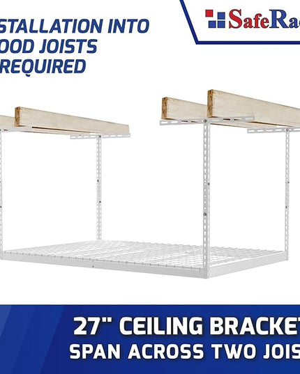SafeRacks Overhead Garage Storage Rack - Heavy Duty Racks for Garage with 400 lb Capacity, Easy Garage Shelving, Adjustable Storage Rack, Ceiling Mount Storage Shelves 3x6 White (12"-21")