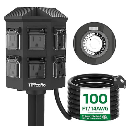 TiFFCOFiO Outdoor Power Strip Waterproof, 24 Hour Mechanical Timer, 6 ft Extension Cord, 6 Grounded Outlets for Outdoor Lights, ETL Listed (100 FT)