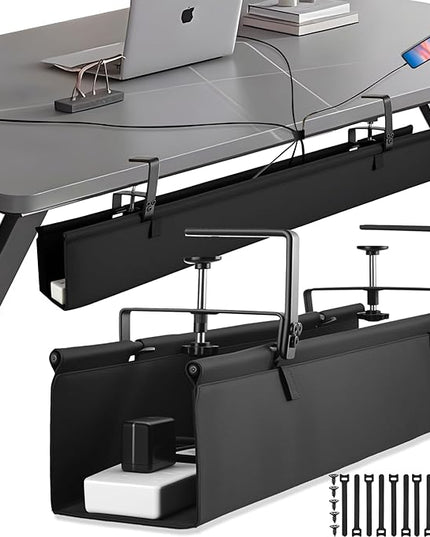 Desk Cable Management Tray, Fabric Cable Organizer, No Drill Large Clamp/Screw Mount Wire Organizer-Support Up to 30lbs, Standing Desk Cable Management for Office Home (Black,48 Inch)