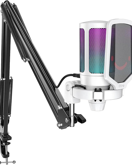 FIFINE Streaming Gaming USB Microphone Kit, PC Condenser RGB Mic Compatible with PS4/PS5, Plug and Play for Music Recording, Online Game, Discord, Twitch, with Pop Filter, Shock Mount-A6T White