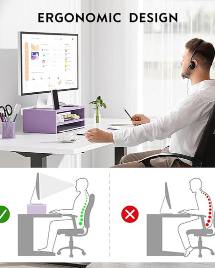 BONTEC Wooden Monitor Stand Riser, 2-Tier Desk Shelf with Storage Organizer, Ergonomic Computer Stand with Cable Management, Cellphone Holder, Purple, 16.5 Inch