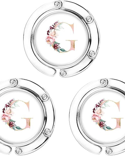 Iqimott 3pcs Personalized Initial Foldable Purse Hook for Table, Flower Letter Folding Handbag Hanger Portable Magnet Table Hook Holder, Collection Desk Purse Hooks for Women Bag (Pink-G)